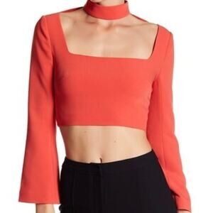Cinq a Sept Aurora Red Amara Choker Square Neck Long Sleeve Crop Top Size 0